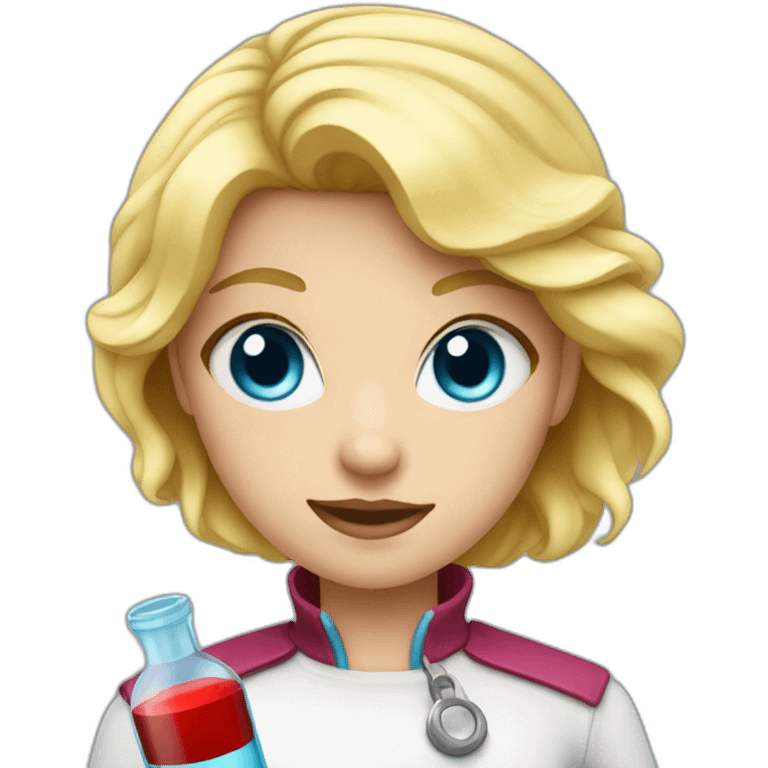 Girl with blond hair and blue eye take red vial emoji