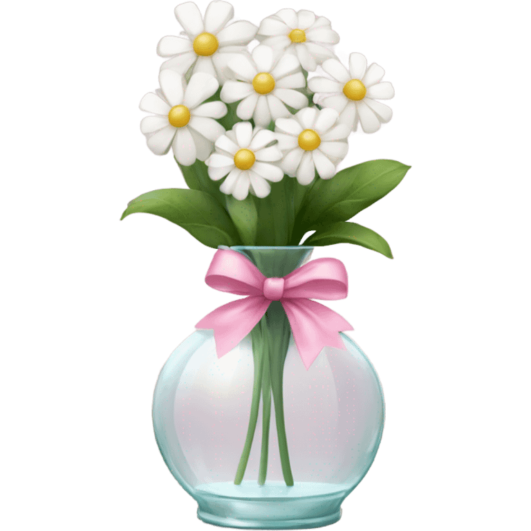 white flowers in glass vase with pink bow tied emoji