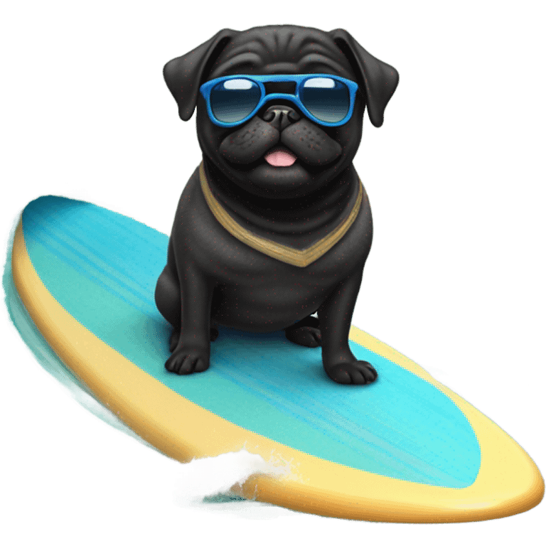 Black pug surfing in the ocean emoji