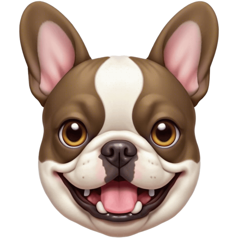 Cinematic Comical Pied French Bulldog Portrait Emoji, Head tilted with an exaggeratedly shocked, comical expression and wide, humorously expressive eyes, showcasing a distinctive pied fur of contrasting hues and a charmingly goofy face, simplified yet hilariously detailed, glowing with a sassy, playful radiance, high shine, exuding a mischievous and meme-worthy charm, styled with a soft glowing outline, capturing the essence of a Pied French Bulldog that looks ready to spark a viral laugh! emoji