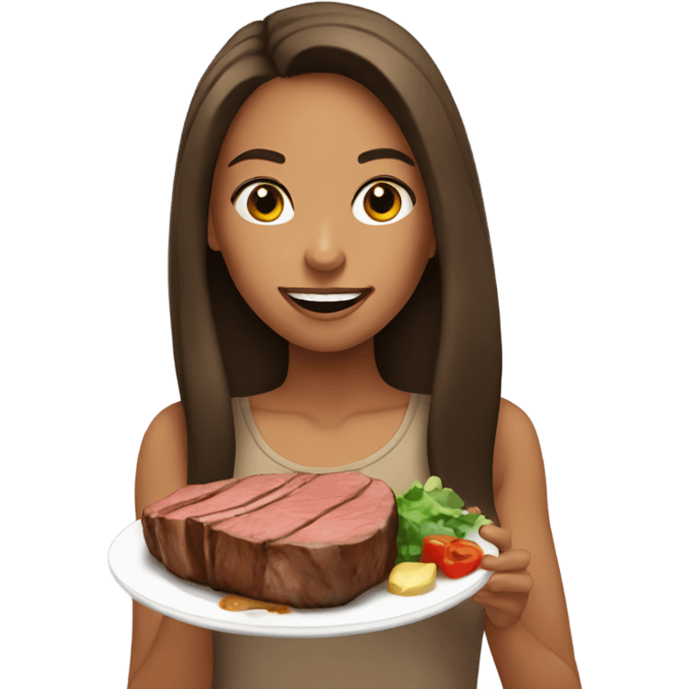 A tan girl with long brunette hair eating a bunch of steak emoji