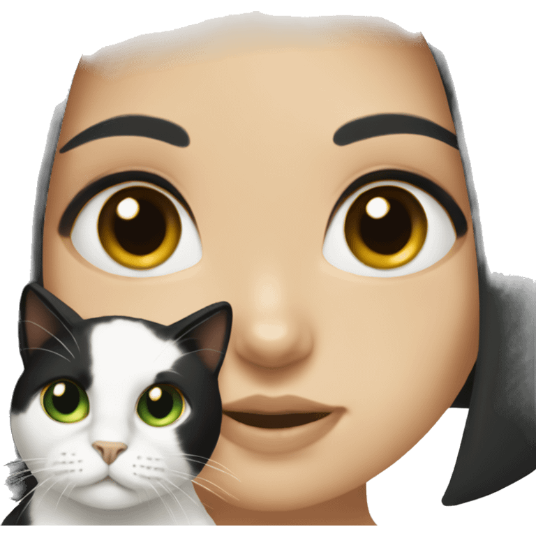 White girl with green eyes and black hair holding a calico cat emoji