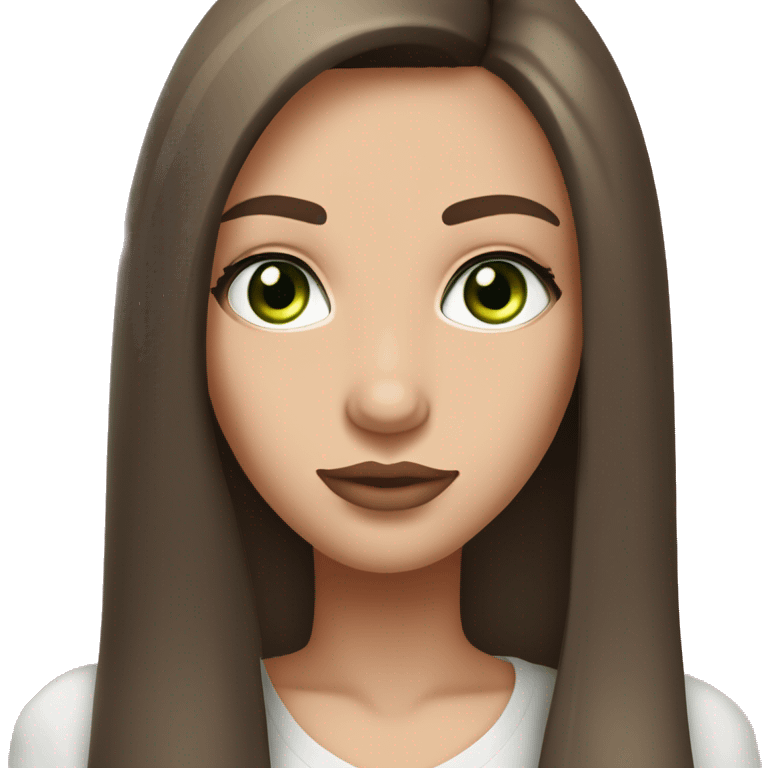 Girl with long straight brown hair, green eyes, white cool tone skin, big natural pink lips, long eyelashes and full neat eyebrows emoji