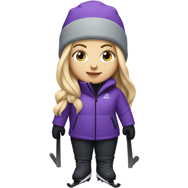 Chubby female long blonde hair skier with purpley-grey jacket and black pants showing full length emoji