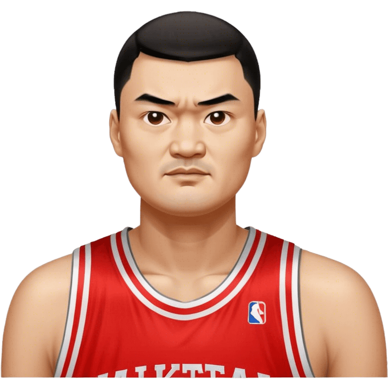 Yao Ming – Cinematic Realistic Portrait of Yao Ming, depicted as a towering basketball icon in a modern uniform, with a gentle yet determined expression and dynamic arena lighting that highlights his immense stature and graceful athleticism. emoji