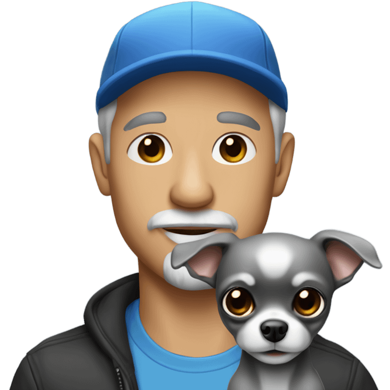 blue eyed man, with grey hair,  and grey goatee, wearing ball cap, holding ‘a black long hair chihuahua’ emoji