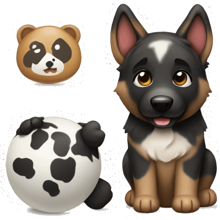 brindle colored german shepherd with a panda toy emoji