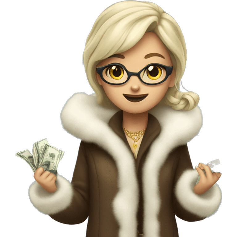 girl wearing fur coat and throwing dollar bills, luxurious  emoji