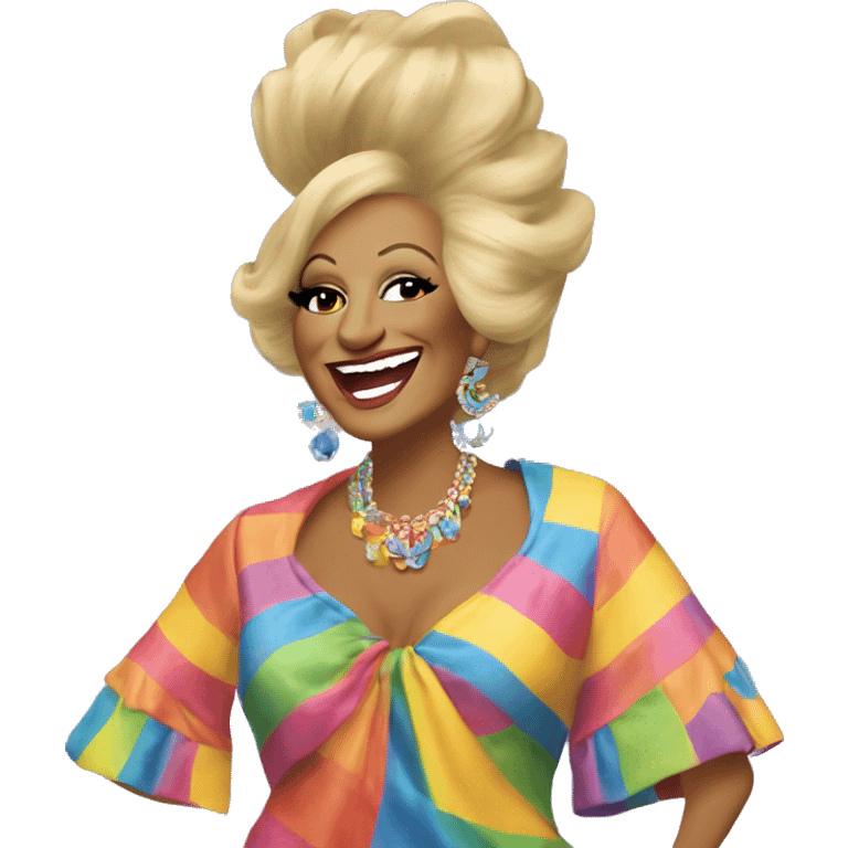 “Celia Cruz in a colorful outfit, smiling and performing with musical notes around her.” emoji