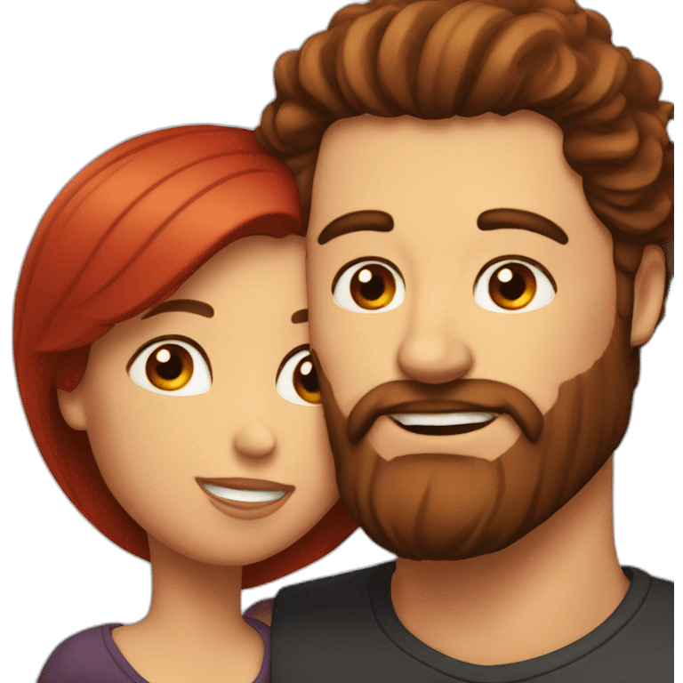 a bearded man with dark hair kissing a woman with long red hair emoji