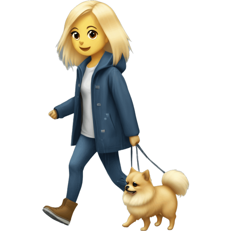 Blonde girl walking tiny pomeranian under the rain emoji