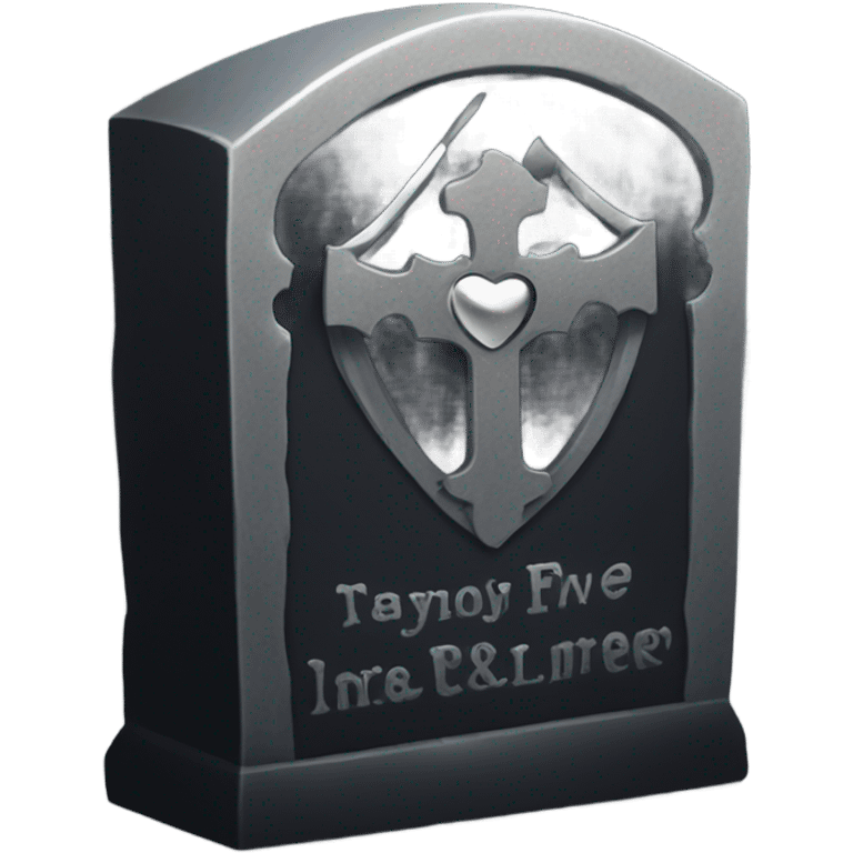 a black tombstone with the inscriptions in silver RIP and a silver heart emoji