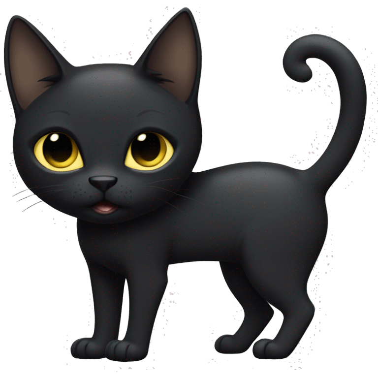 Petite, solid black cat with sleek short fur, light yellow eyes, and small black tufts of long at the very tips of her ears, blending in with her black fur. Full body, no white markings emoji