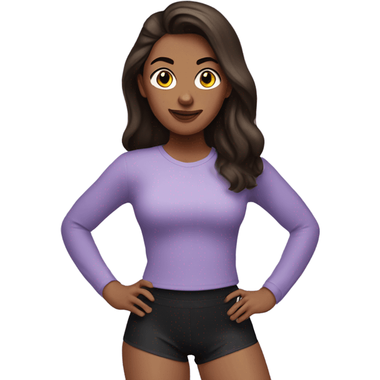 Brunette lady in lilac long sleeve shirt and black gym shorts emoji