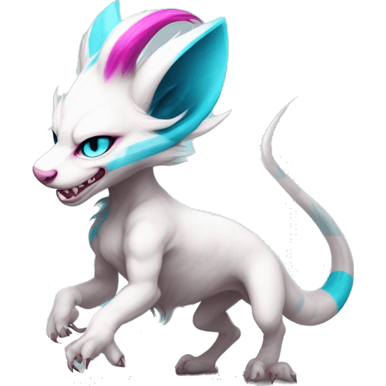 White elegant beautiful natural cute badass epic anthro modern albino Trico-vernid-Fakémon with cyan mane and magenta eyes with cyan edgy stripes, anthropomorphic, two-legged, digitigrade, full body emoji