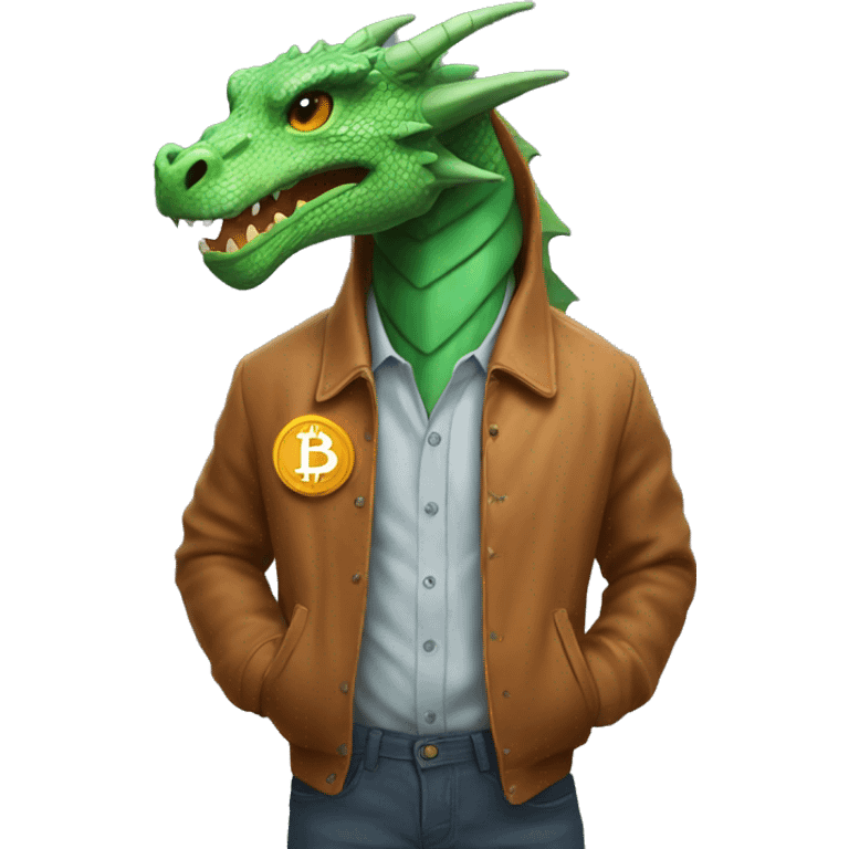 a dragon in a jacket with bitcoin in his hands emoji