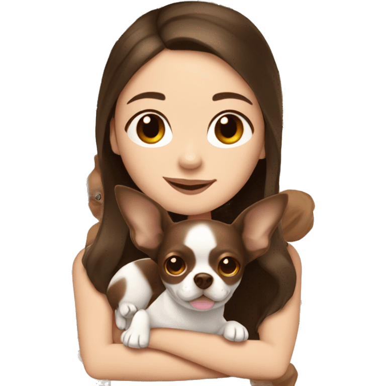 White girl with dark brown hair holding tan and chocolate brown chihuahua emoji