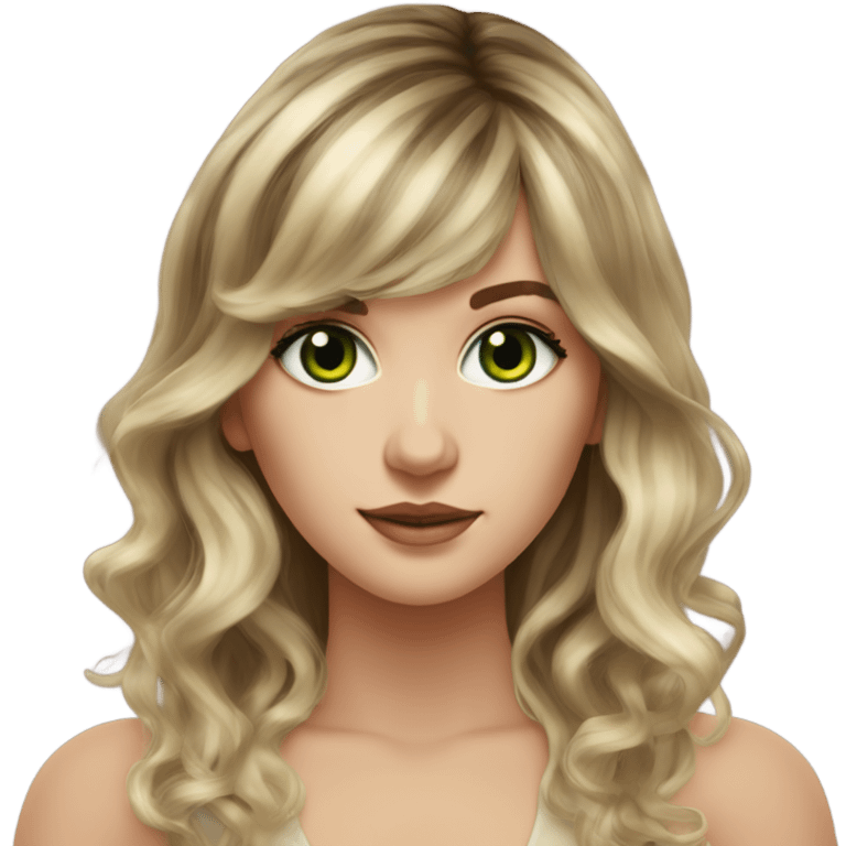 White girl green eyes with long voluminous brown hair with blonde highlights balayage bangs emoji