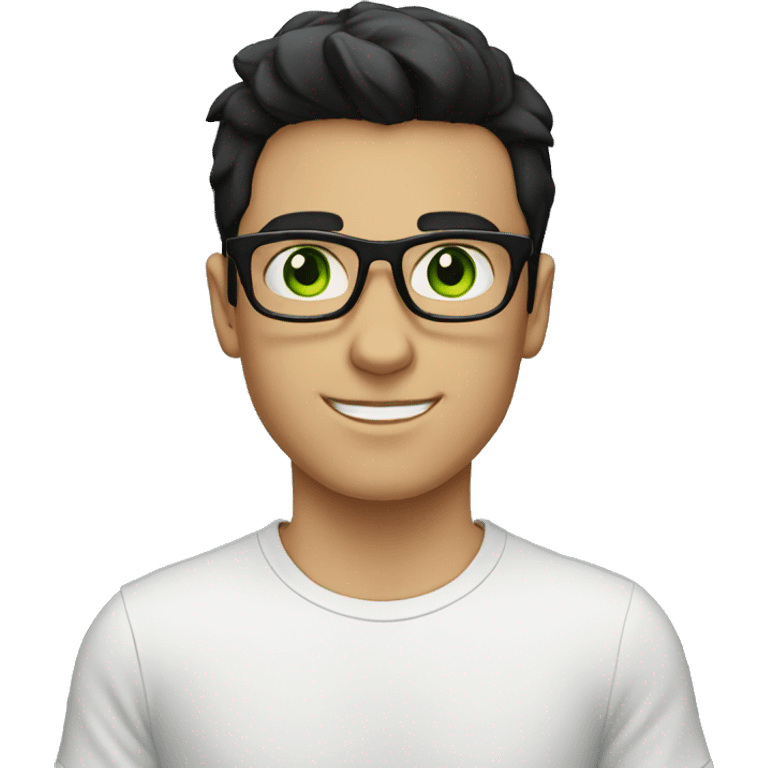 A white boy with black glasses with black hair wearing a white T-shirt with green eyes emoji