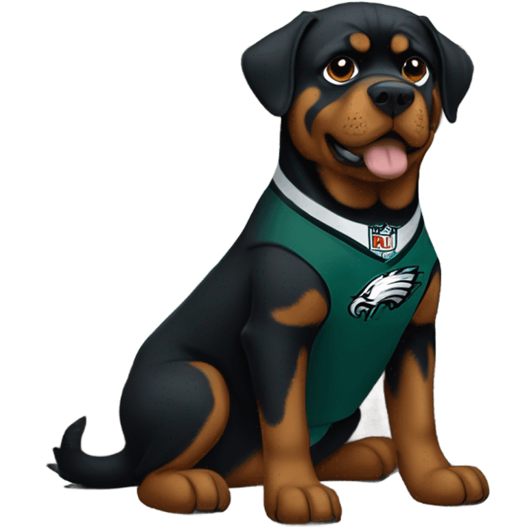 Rotweiler wearing Philadelphia Eagles jersey while sitting on a bed  emoji