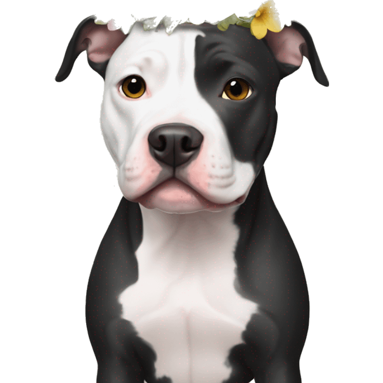 Black and white Pitbull with floral crown emoji