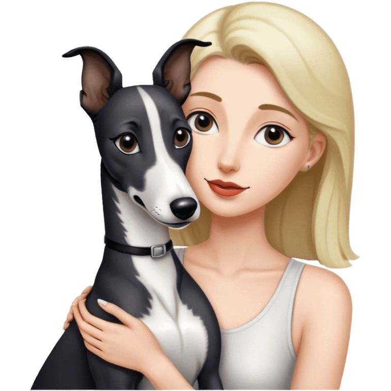 A black and white greyhound sniffing a woman emoji