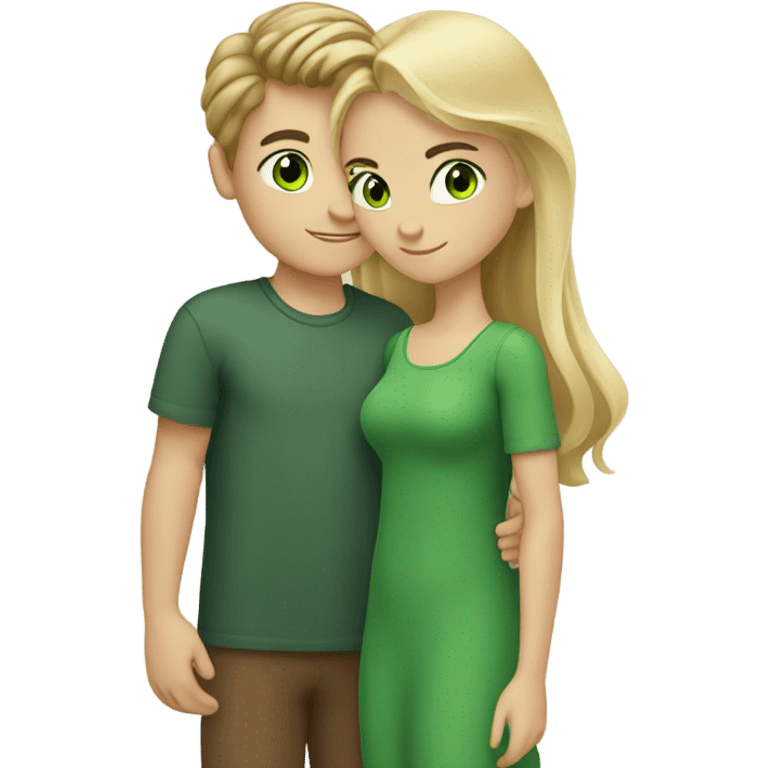 Blond boy with green eyes and brunette girl with brown eyes hold hands in love emoji