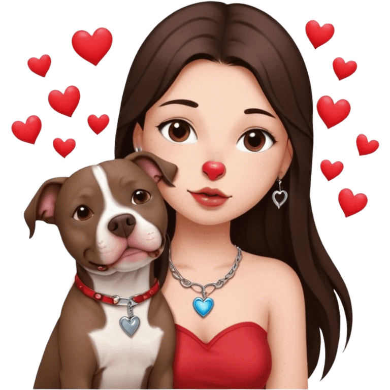 Young girl with long dark brown layered hair hair sits with her one dog who is a pretty girl pitbull with her cell phone in her hand in a small septum ring in her nose was hearts flying all around her emoji