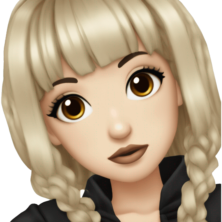 hime gyaru girl, tattoos, pale skin with brown eyes and black hair with bangs, dark makeup, black shirt emoji