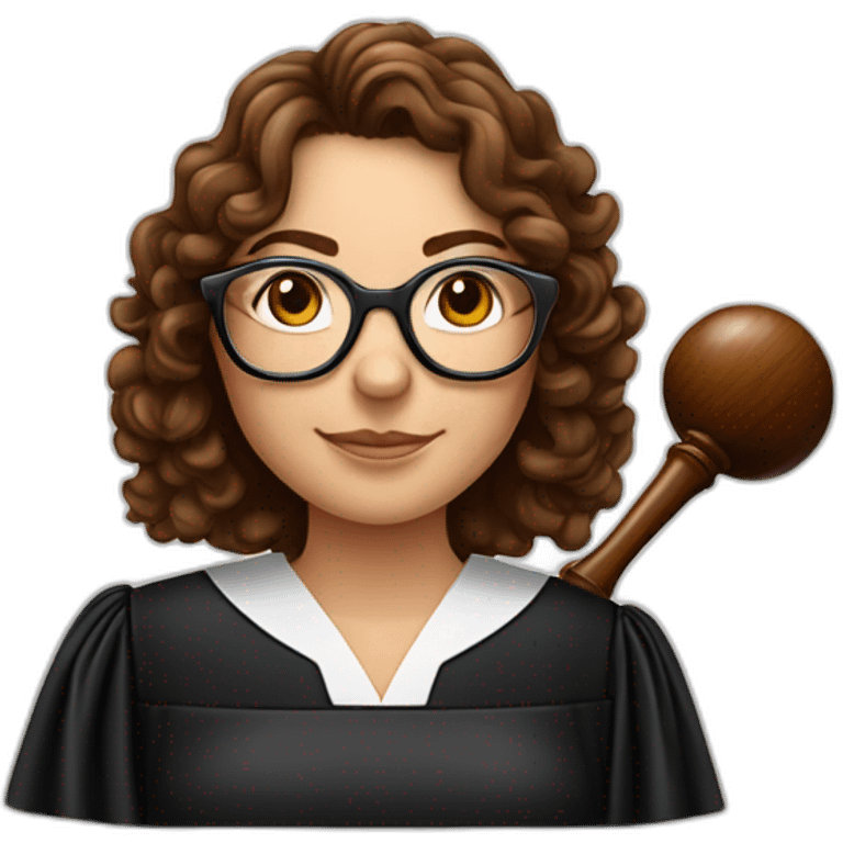 Caucasian female judge, gavel in hand, with round glasses and brown curly hair on her shoulder emoji