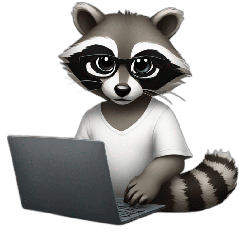 racoon wearing glasses and white tee working on a black laptop emoji