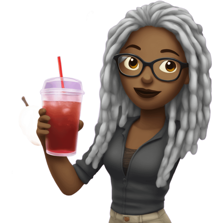 Black woman with locs and glasses drinking grape soda emoji