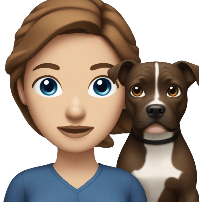 A brown-haired woman with blue eyes with black pit bull emoji