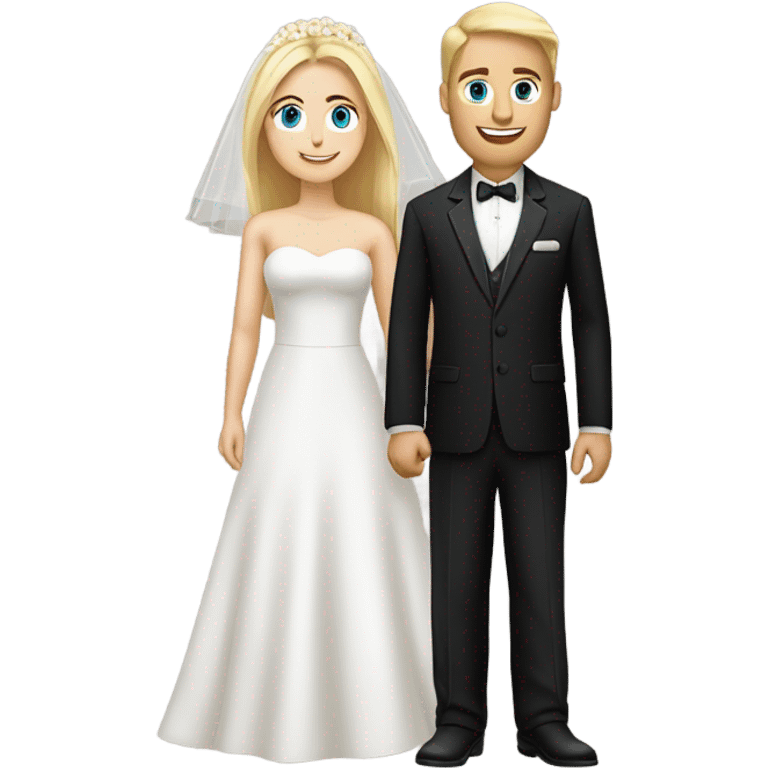 bride in white dress, blonde, blue eyes, white skin with black suit groom, white foot brown hair emoji