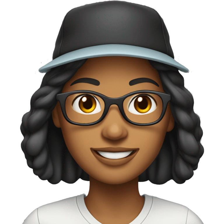 memoji of a cool woman smiling, black long hear without glass with sport hat and has a laptops emoji