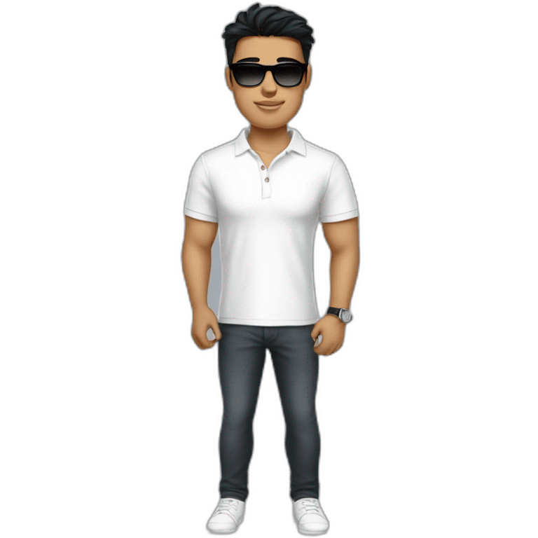 A young man,  who looks like bisnessman, wears white polo t-shirt and luxury watches. Black hair, white skin. Wears raybans. Emoji style emoji