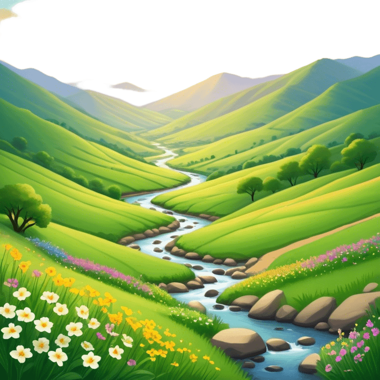 Cinematic Realistic Valley Emoji, Lush and serene, with gently sloping hills surrounding a vibrant green valley filled with wildflowers and a small stream. The soft, golden sunlight filters through the valley, casting peaceful, warm shadows across the landscape. Soft glowing outline, capturing the essence of natural peace and gentle beauty in a sprawling valley. emoji