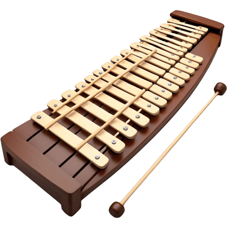 Create a detailed and professional emoji representing a Fleet FLT-SX37 orchestral long wooden xylophone. The design should showcase the large, wooden bars of the xylophone arranged in a traditional layout, with a polished, smooth finish. The bars should be dark brown or mahogany, with soft metallic reflections on the resonators underneath. Include two mallets with rubber or wooden heads resting on the bars, emphasizing their role in striking the notes. The xylophone should have a sophisticated and professional appearance, with clean lines and a polished look. Add subtle musical notes or sound waves to represent the vibrant sound produced by the instrument. The background should be transparent. emoji