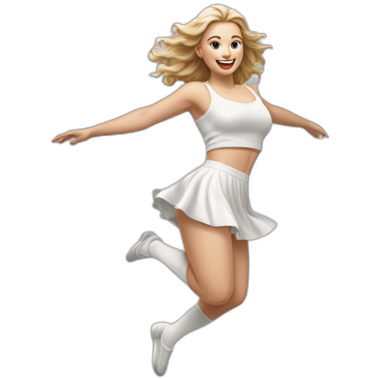 Hyperrealistic Full body Caucasian curvy beauty jumping short white skirt back and front views strong wind knickers long white socks emoji