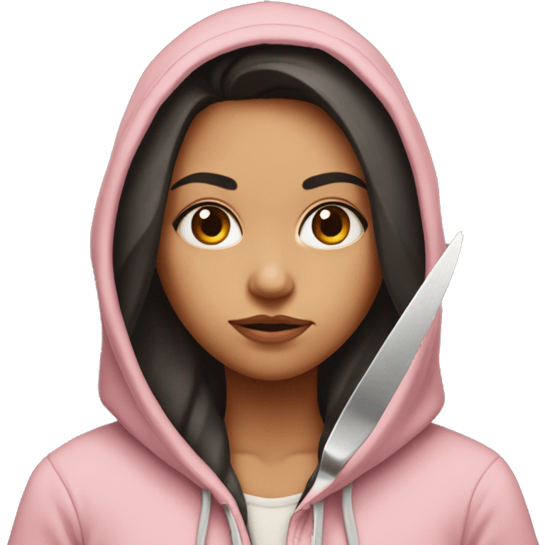 Girl with long dark hair in a light pink hoodie with a serious face holding a butter knife emoji