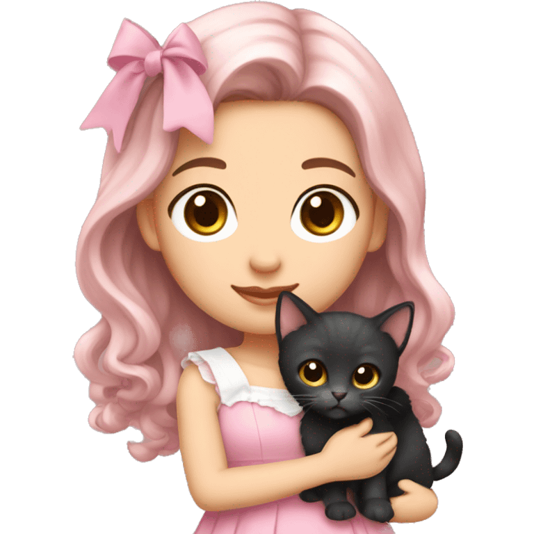 olive-toned brunette with long wavy dark brown hair and brown eyes, wearing a light pink hair bow. She is holding a black kitten that also has a matching pink bow emoji