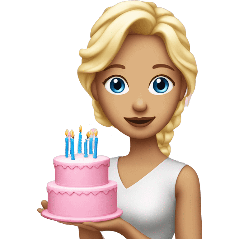 Blonde woman with blue eyes holding a pink birthday cake  emoji