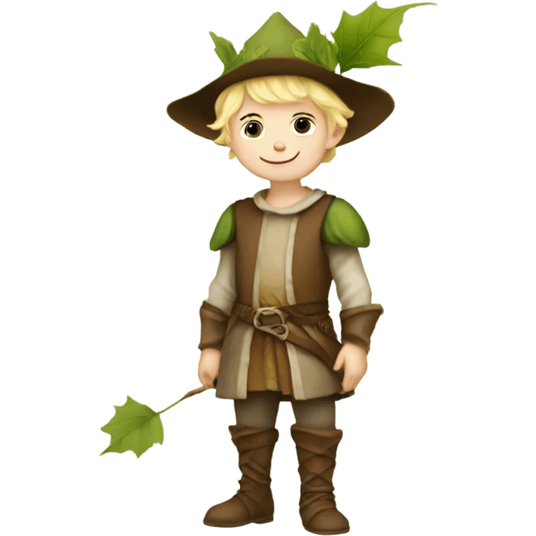 whimsical fairytale medieval pale boy who is tiny and wearing a leaf hat and big boots emoji