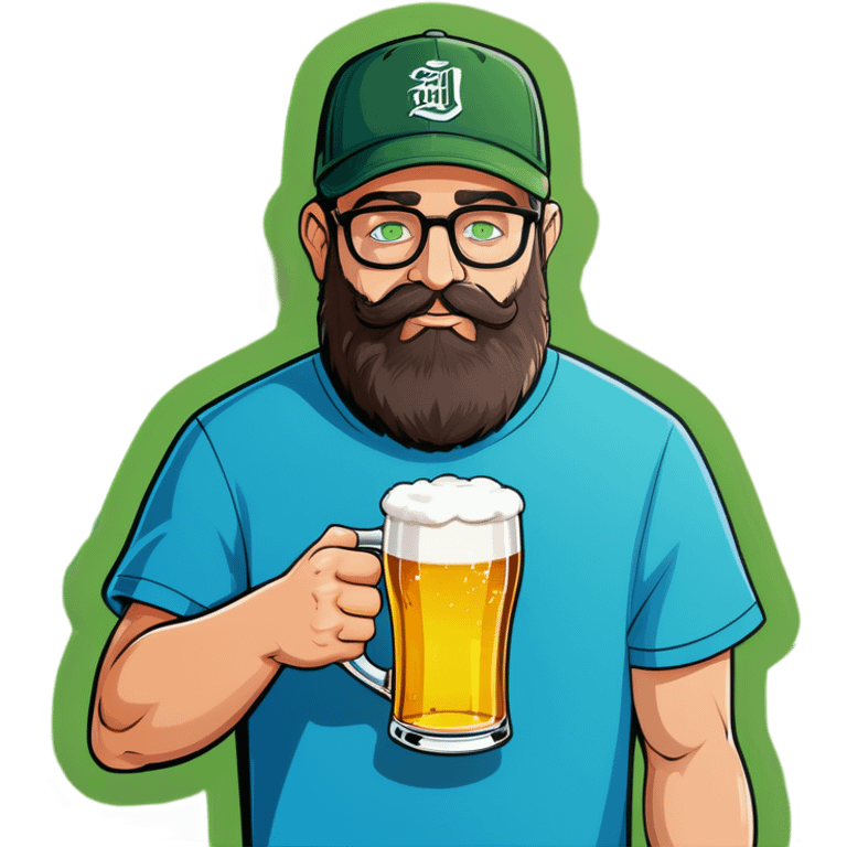 A man with a grey baseball cap, green eyes, big dark brown beard and glasses, drinking beer emoji