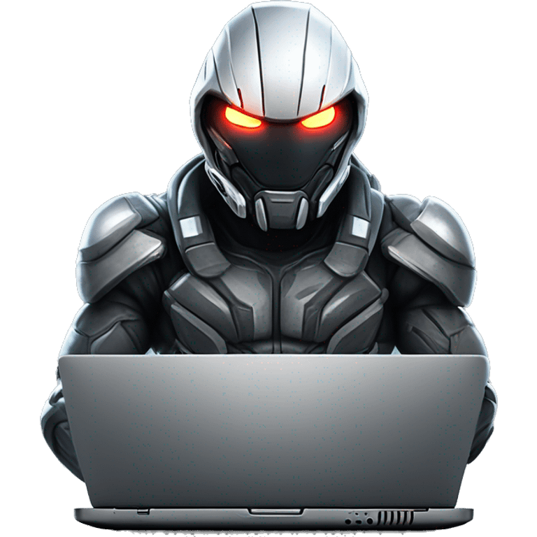 developer behind his laptop with this style : Crytek Crysis Video game with nanosuit character hacker themed character emoji