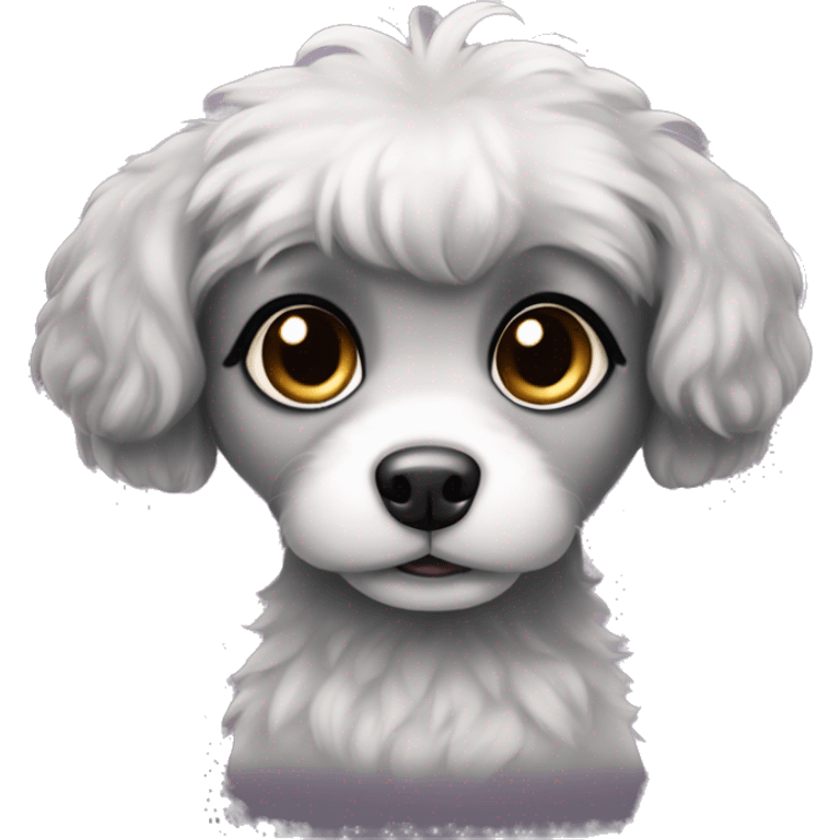 small fluffy grey dog with black ears and dark around big cute eyes and girly emoji