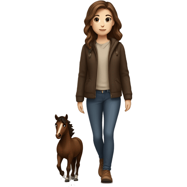 Brown haired girl walking with a Little dark brown Horse by her side emoji