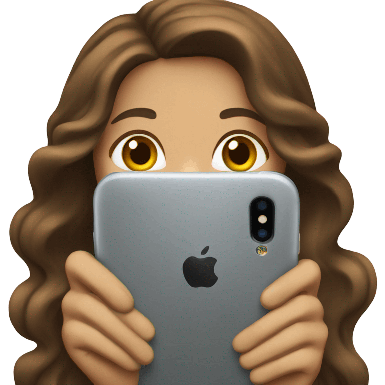 business woman with long wavy brown hair and iphone emoji