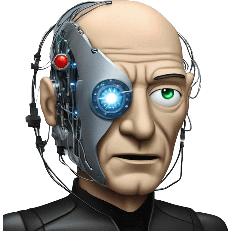 Jean luc picard from Star Trek assimilated by the Borg, with mechanical metal covering the left side of his face, with wires and a red light on the left side. Both his eyes are blue. emoji