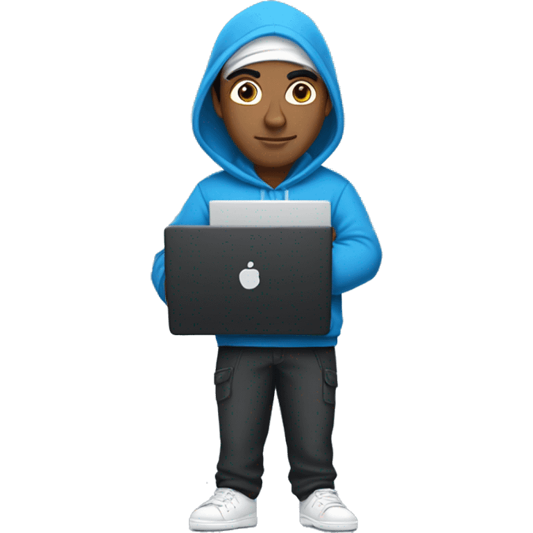 An Indian man in a blue hoodie, black pants with white sneakers carrying a closed laptop in the hand on the side near his waist emoji